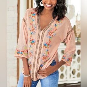 Soft Surroundings Palm Island Embroidered Studded Tunic Size PS